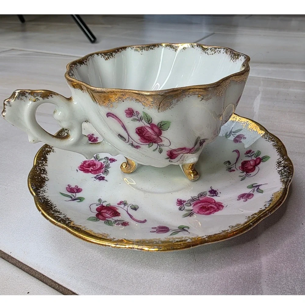 Vintage Footed Porcelain Teacup and Saucer Set Pink‎ Roses Gold Gilt Swirl Trim